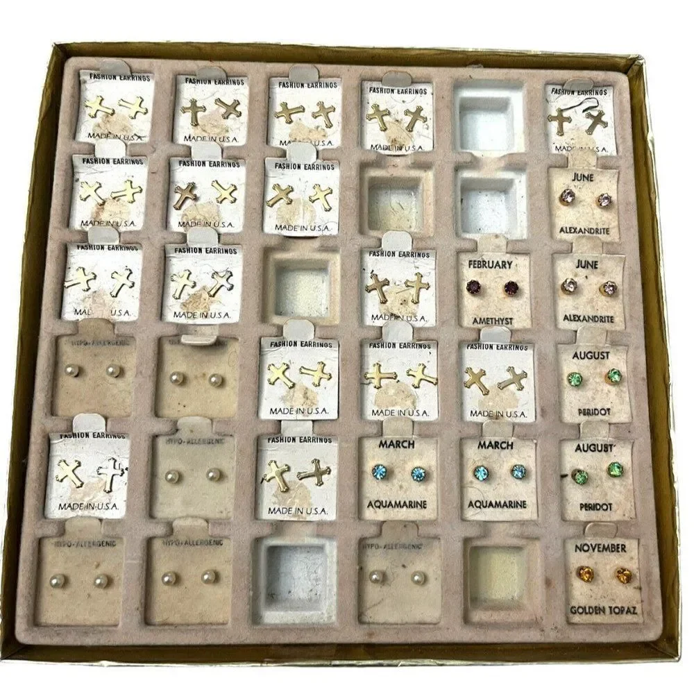Big Lot Little Girls Pierced Earrings Birthstone Crosses Pearls USA Vtg